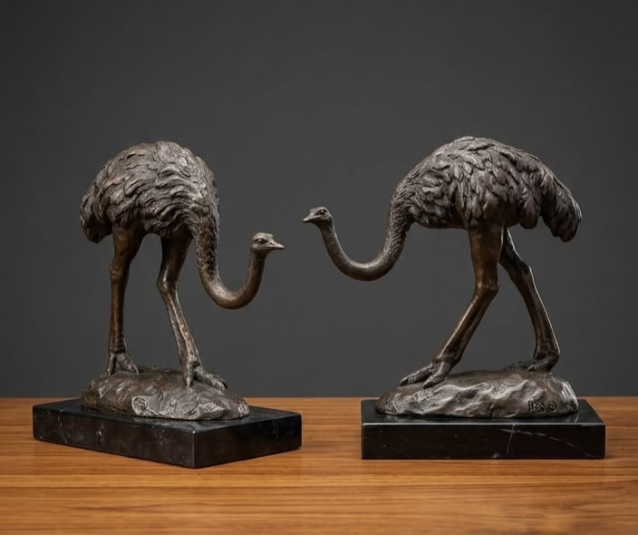 Museum Quality Milo Ostrich Bronze Wildlife Sculpture Home Office Decor. Pair of 2
